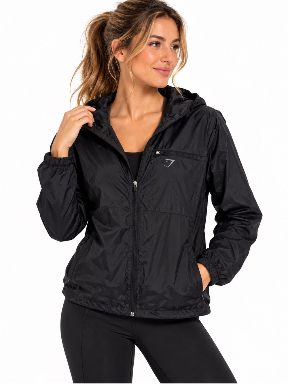 Gymshark Lightweight Windbreaker Hooded Zip Jacket Black Small